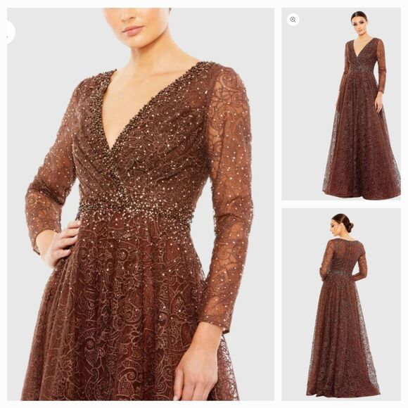 New Mac Duggal 20372 Brown Embellished Illusion Long Sleeve V Neck Gown Wm's (4) - Picture 1 of 14